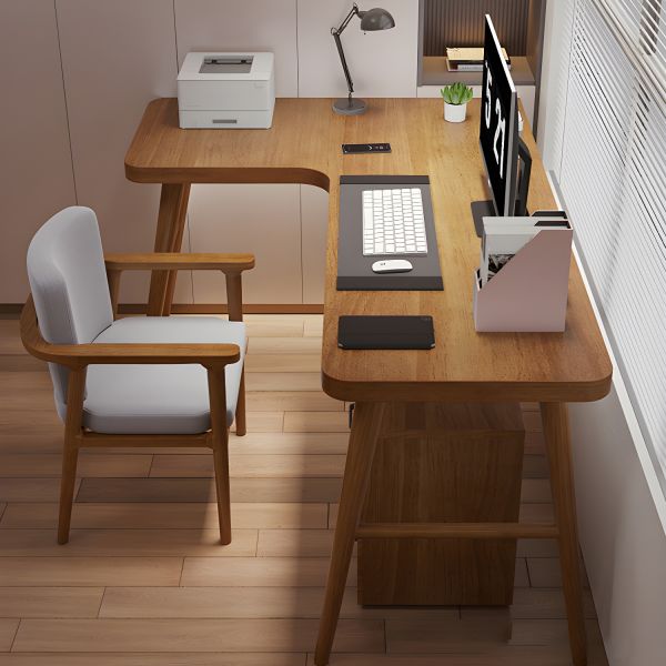 Mid-Century Modern Office Desk Wood Wear-Resistant Brown L-Shape