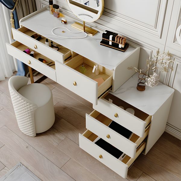 Beige Dressing Table Set with Storage Drawers Stone Top Make-up Vanity
