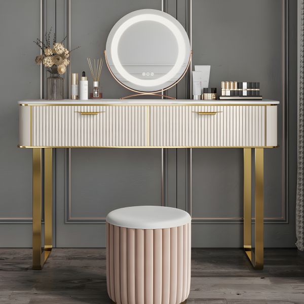 Beige Make-up Vanity Metal Dressing Table Stool Set with Drawers - Makeup  Vanity 39"L x 18"W x 30"H 5