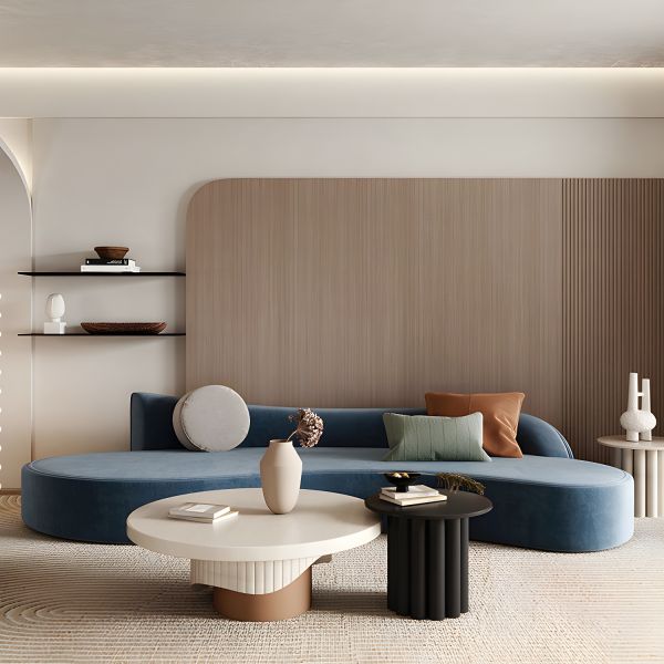 ベルベット製のモダンな曲線ソファ。幅99.9cm、肘掛けなし、クッション