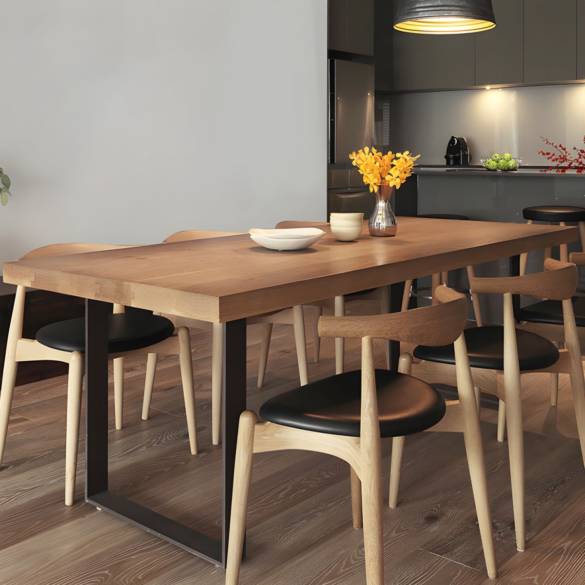 Modern Wood Top Dining Table Rectangle Solid Wood Table with Sled Base ...