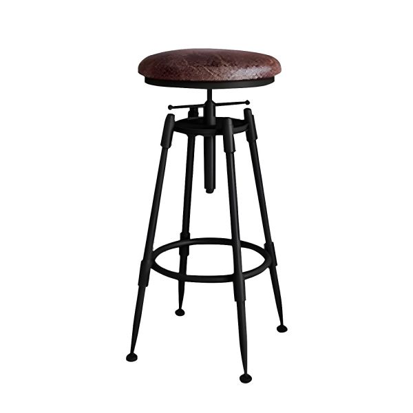 Industrial Vintage Leather Bar Stool With Adjustable Height For Kitchen Counter