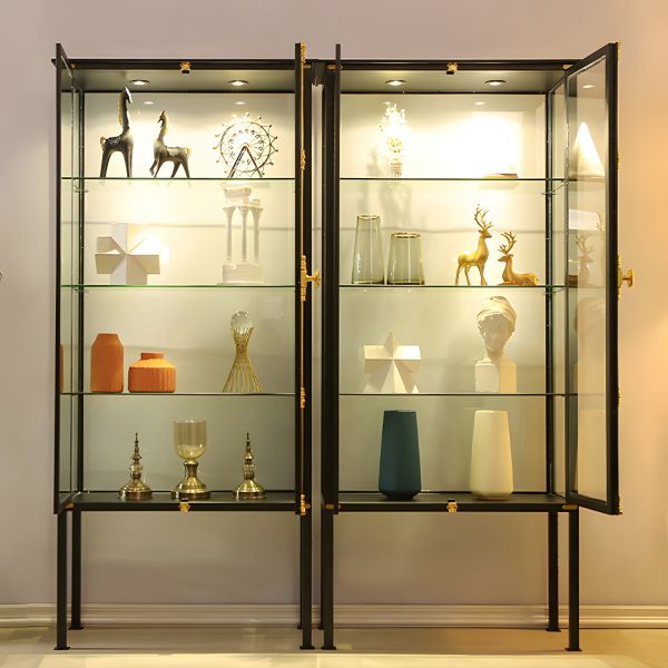 Glam Metal Curio Cabinet Glass Doors Display Cabinet with