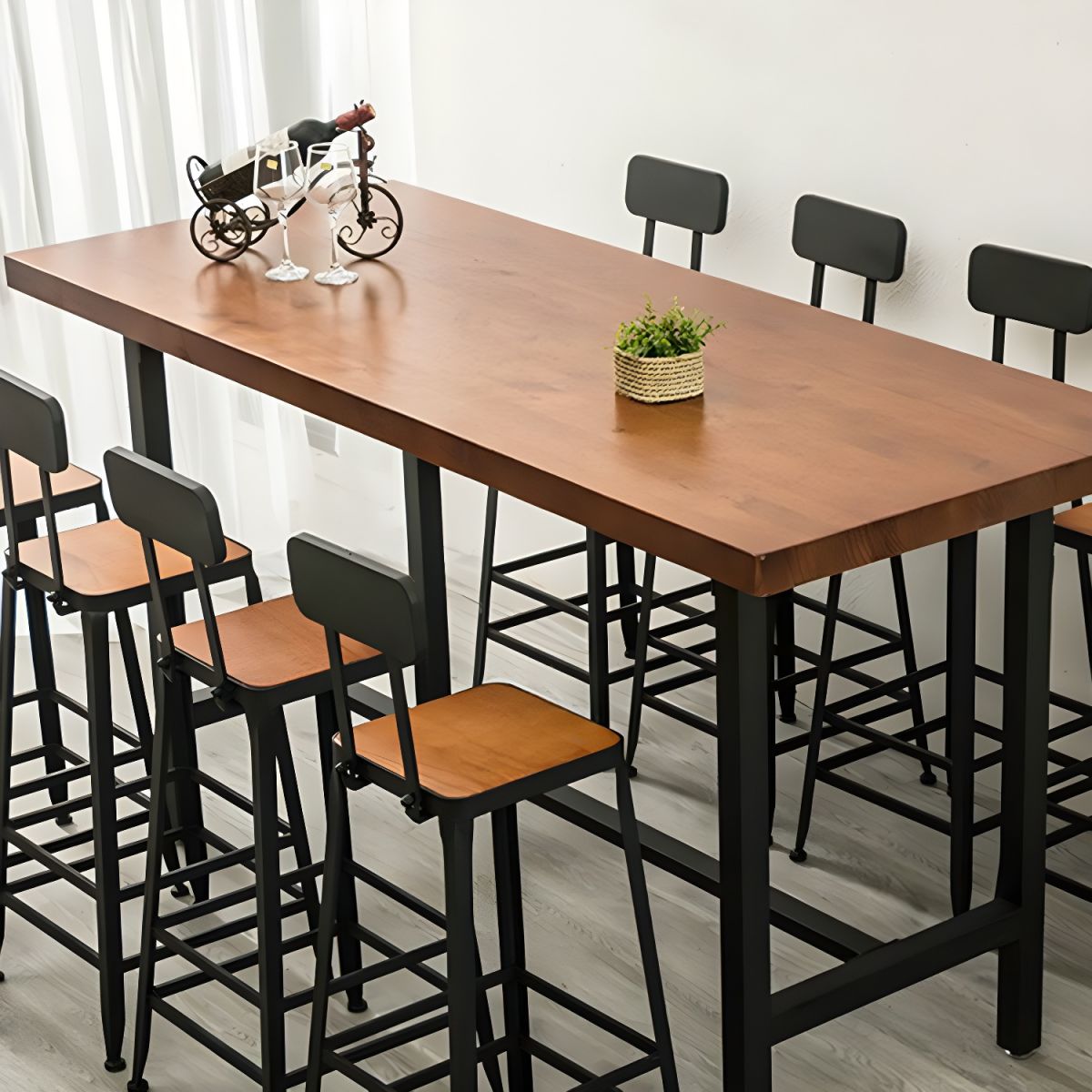 Brown Solid Wood Bar Table Trestle Base Dining Table for Kitchen Living ...