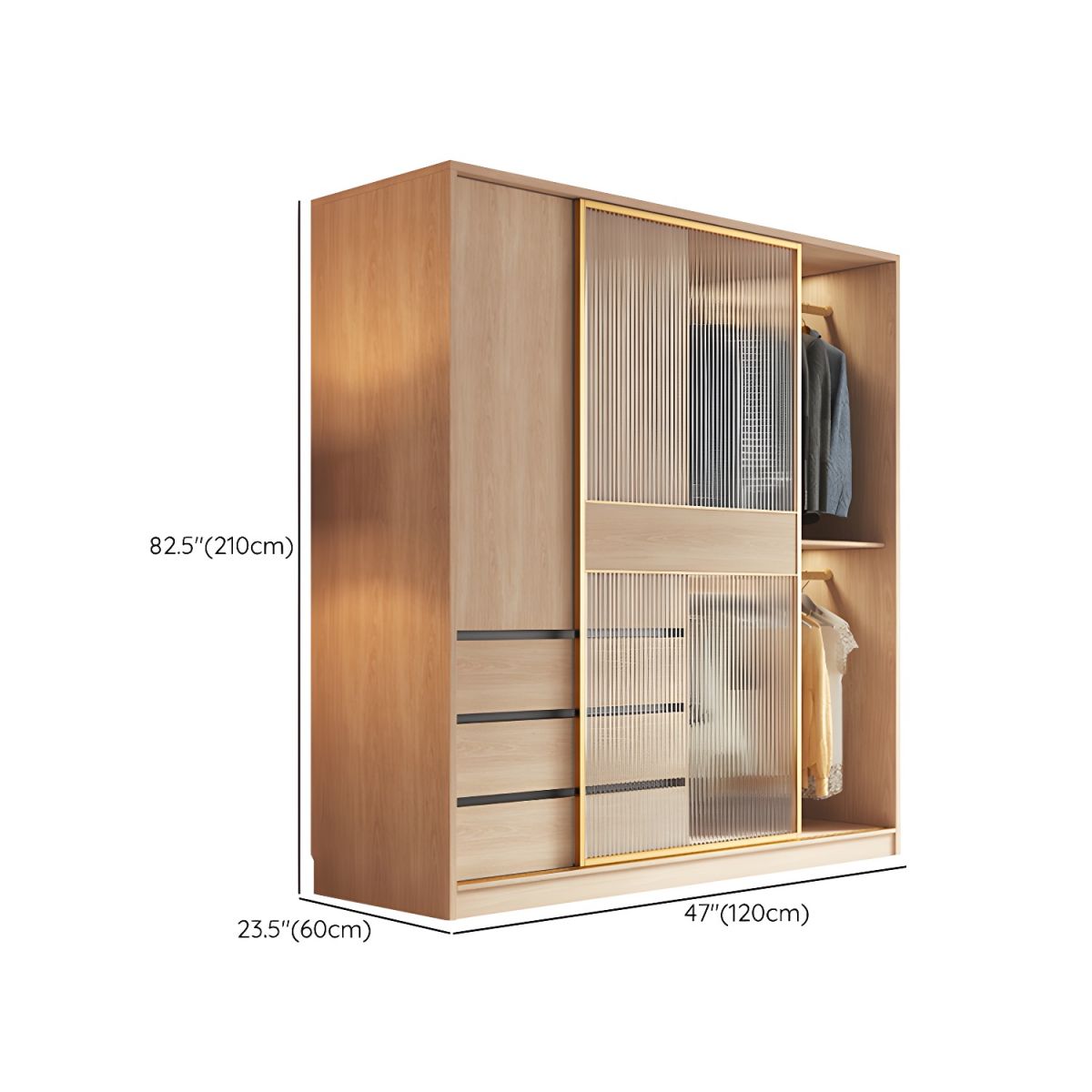 Armoire en bois naturel avec portes coulissantes en verre cannelé Dimensions