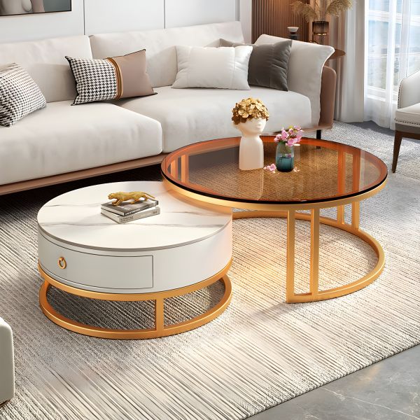 Round Nesting Coffee Table Set Frame Glass Coffee Table with