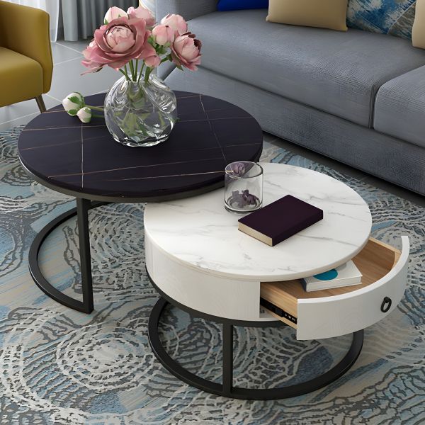 Schiefer Couchtisch Rund 2er Set mit Schubladen
