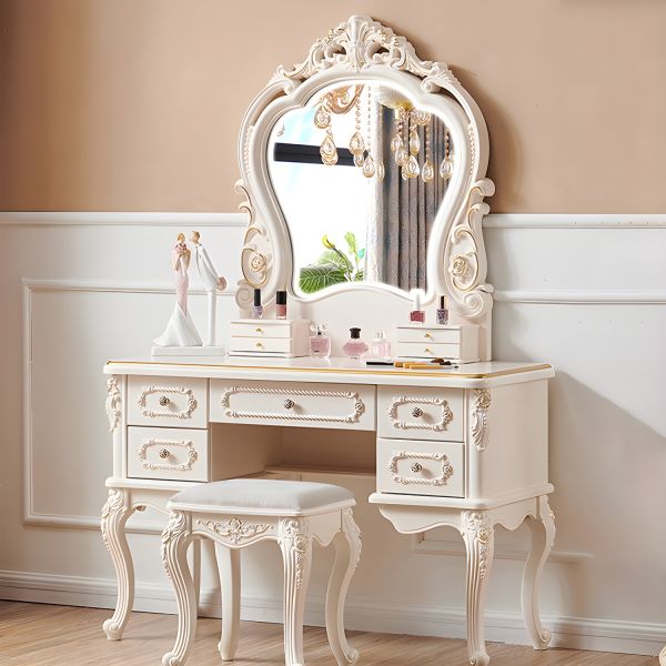green emerald velvet dress Elegant white pearl dresser set with console and stool combo