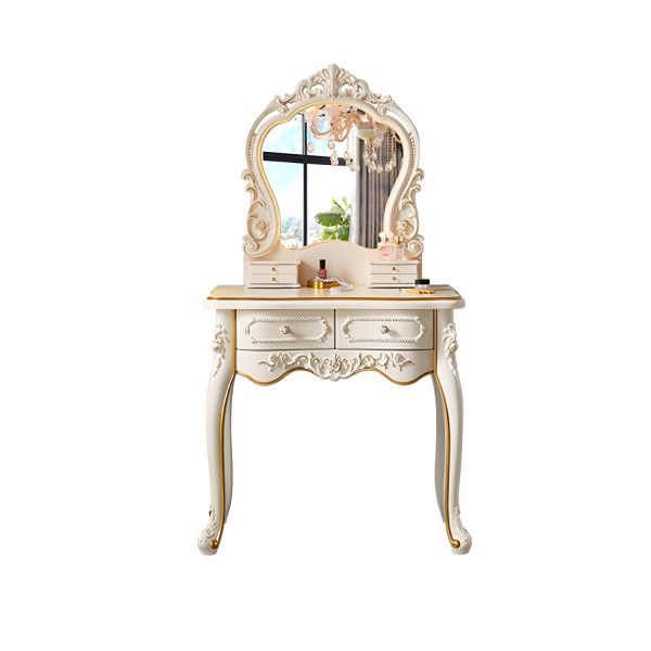 White Victorian Wood Vanity Dressing Table with Drawers Mirrored Makeup  Vanity - Makeup Vanity & Mirror & Stools Ivory 43"L x 18"W x 65"H Lighted  Mirror