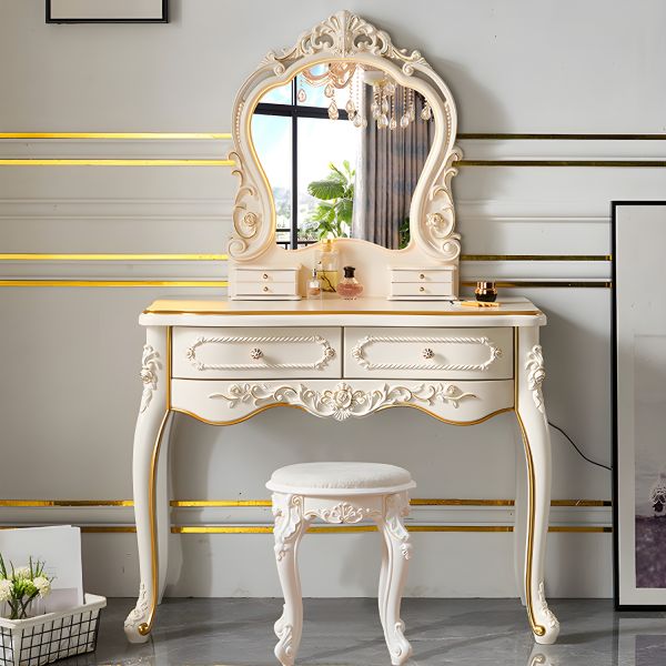 White Victorian Wood Vanity Dressing Table with Drawers Mirrored Makeup  Vanity - Makeup Vanity & Mirror & Stools Ivory 39"L x 18"W x 58"H Lighted  Mirror