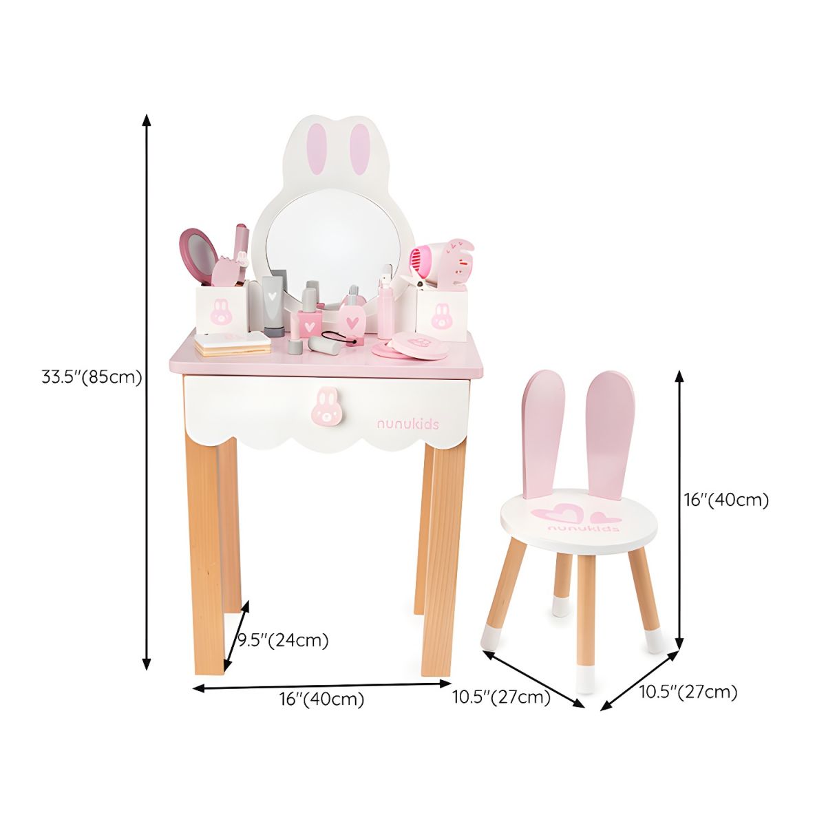 Wooden Kids Vanity Set with Mirror and Chair – Pink & White Dimensions