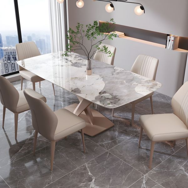 Contemporary Rectangle Sintered Stone Top Metal Base Dining
