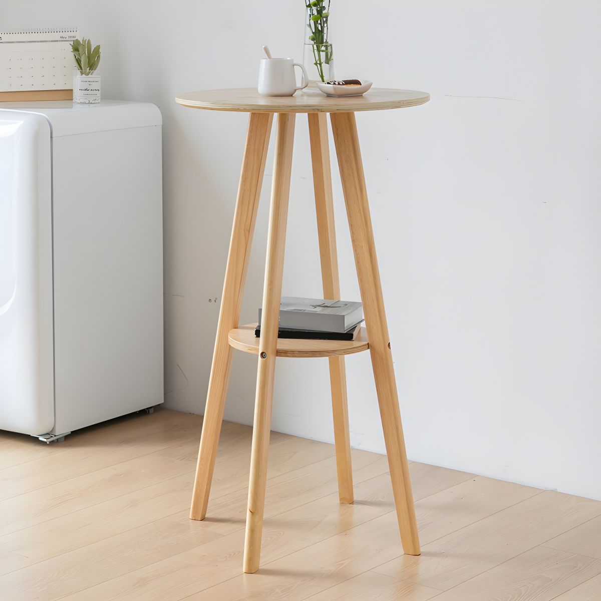 Modern Round Rubberwood Solid Wood Top Bar Table with Storage Base - Table Only Natural Finish