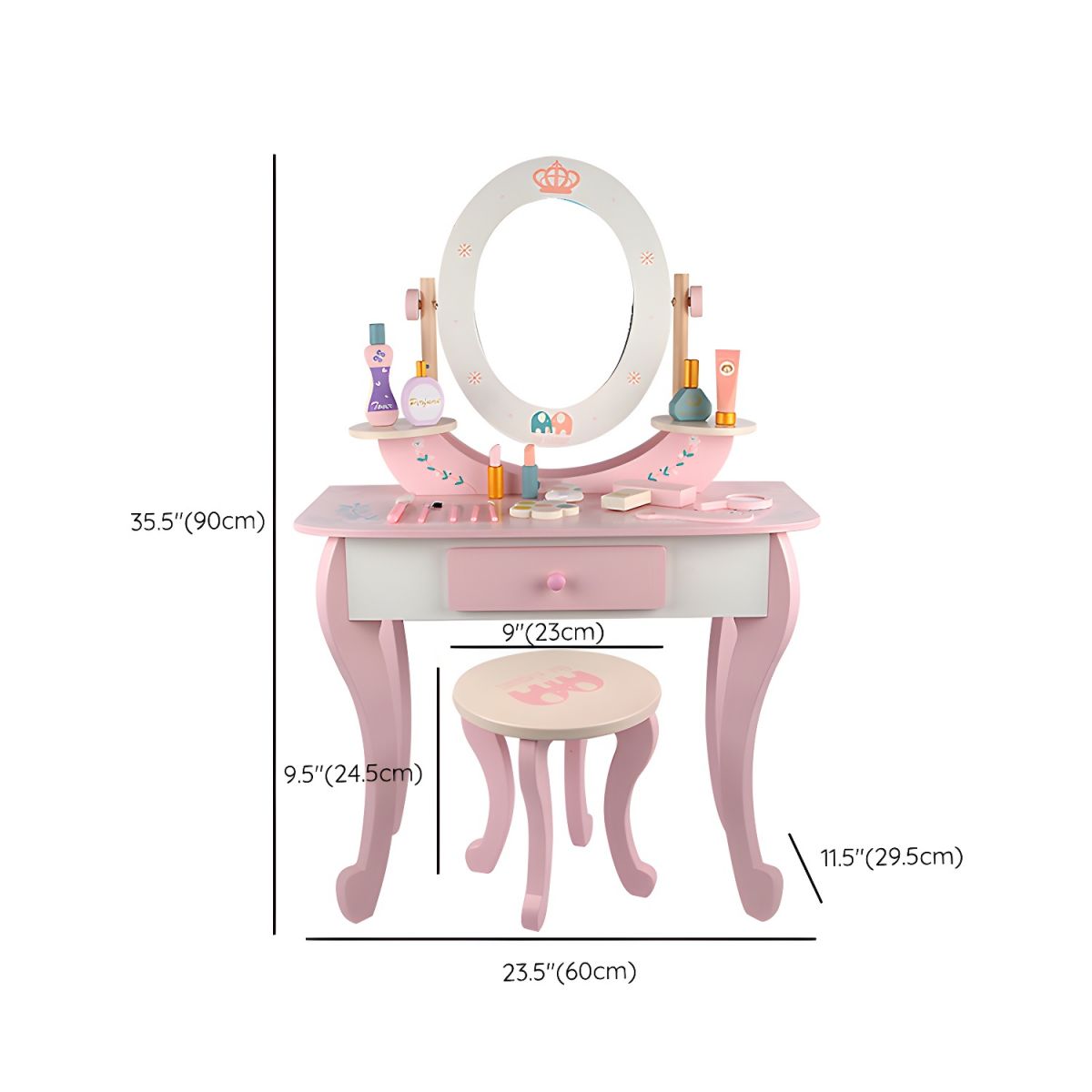 White & Pink Kids' Vanity Set with Mirror and Storage – Wooden Dressing Table with Ball Feet Dimensions