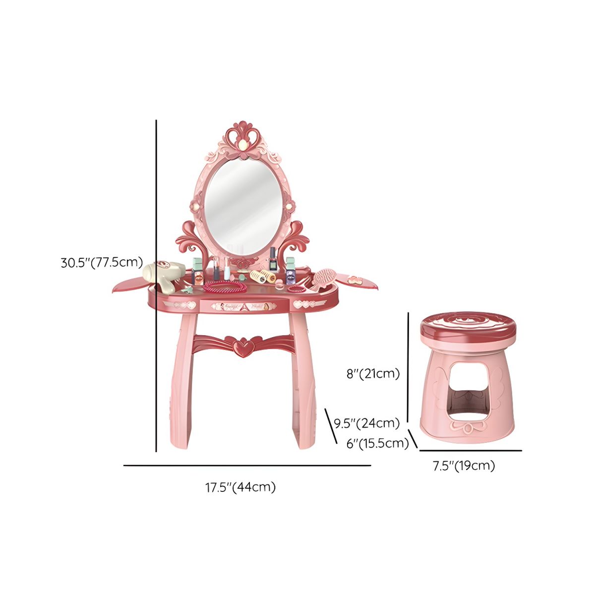 Plastic Kids Vanity Set with Mirror and Storage – White, Pink & Purple Dimensions