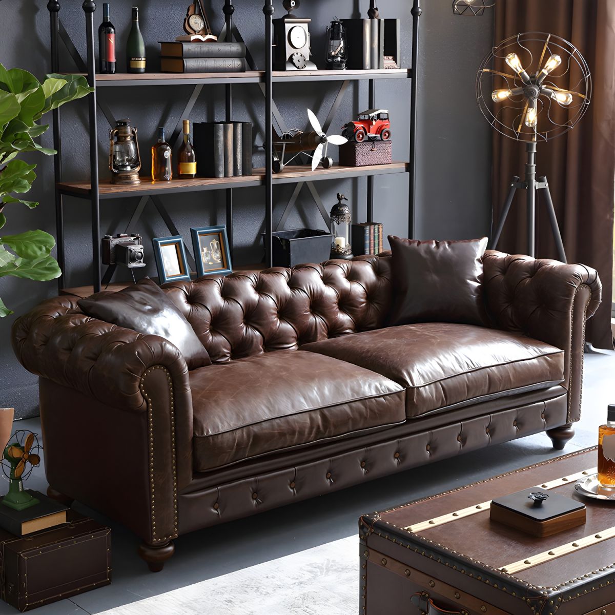Mid-Century Modern Leather Chesterfield Sofa in Brown with Tufted Back ...