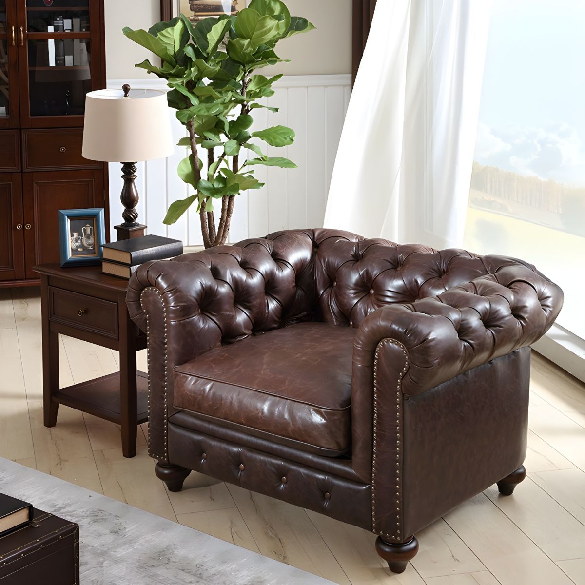 Mid-Century Modern Leather Chesterfield Sofa in Brown with Tufted Back ...