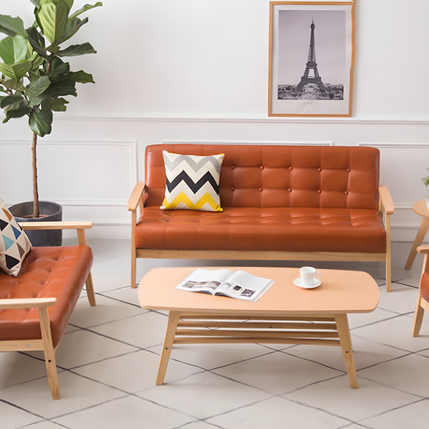 Modern Small Size Leather Sofa with Tufted Back in Solid Color