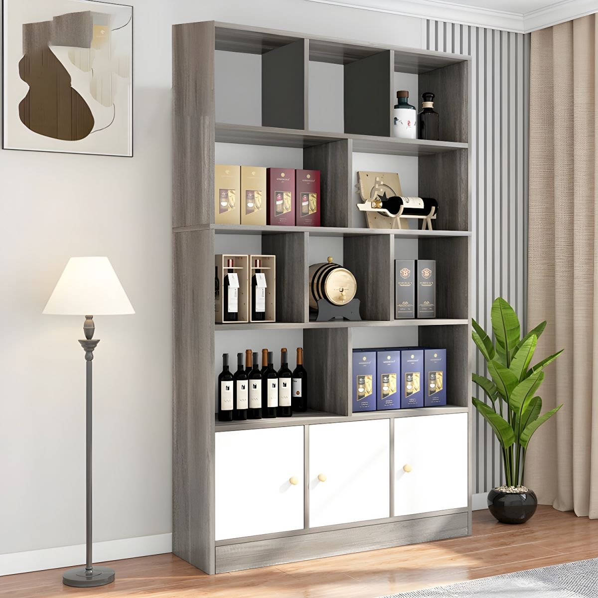 Multiple Bottles Racks Modern Wood Floor Wine Bottle Rack with Multiple Bottle Sizes & Holds ...
