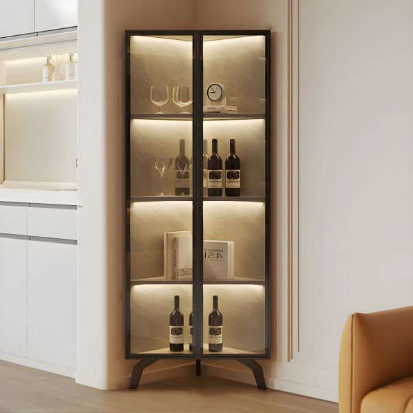 Moderne Eckschrank mit Glastür und schwarzem Metallsockel