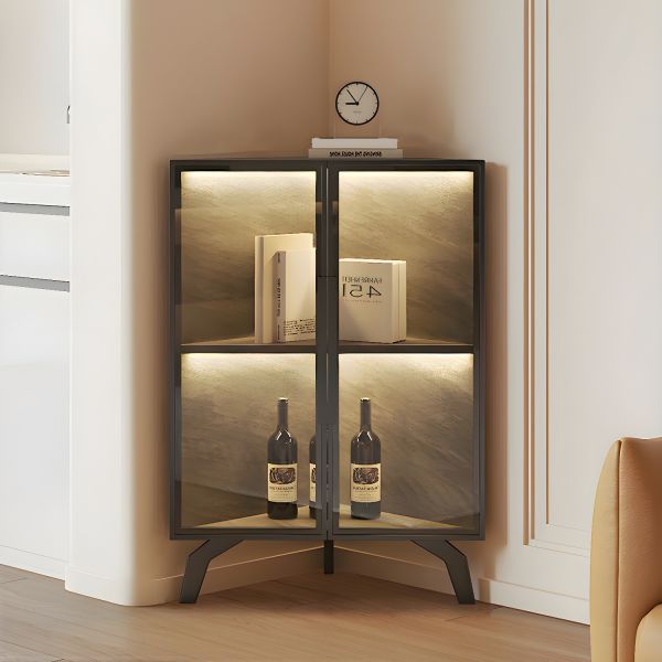 ssベージュ Modern Corner Glass Door Accent Cabinet with Black Metal