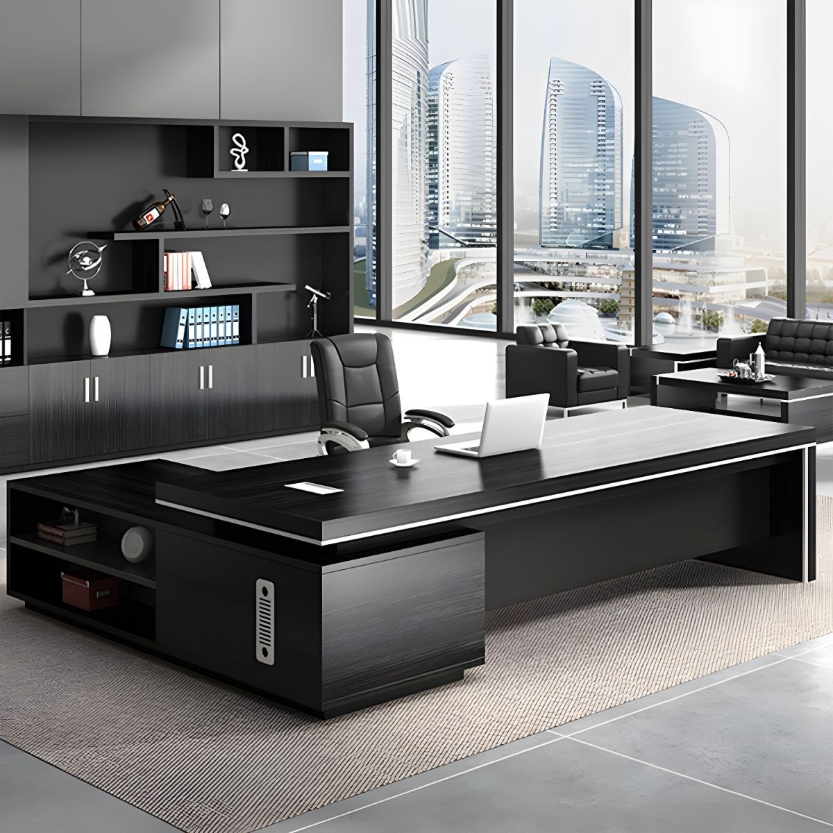 Long Deep Pedestal Base L-Shape Modern Black Executive Desk with ...