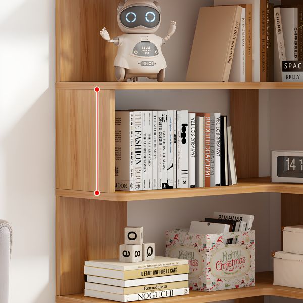 Light Wood Corner Bookcase with Open Back Design and Shelves