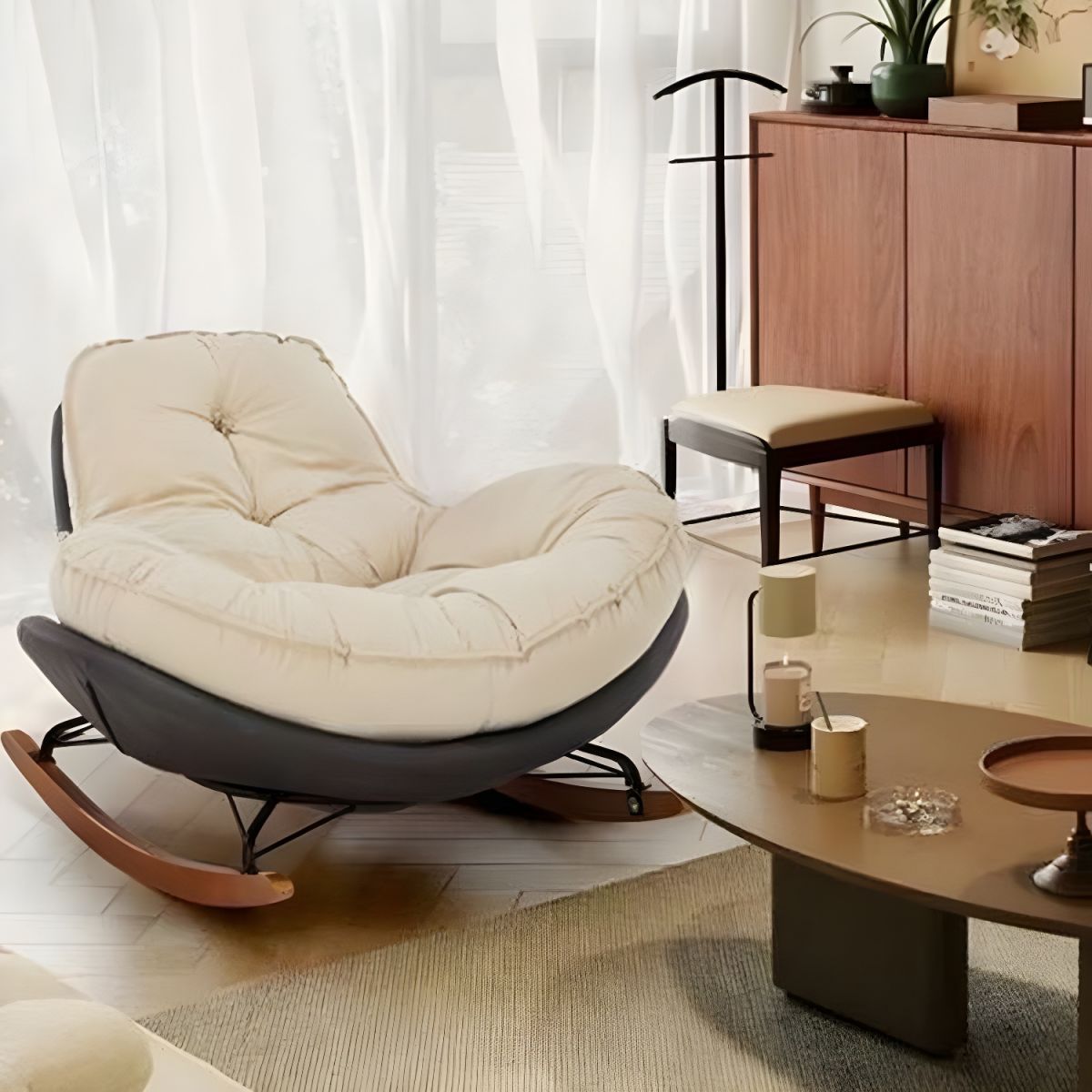 Coffee Rocking Chair Modern Rocking Chair with Metal Frame and lint Upholstered, Solid Wood ...