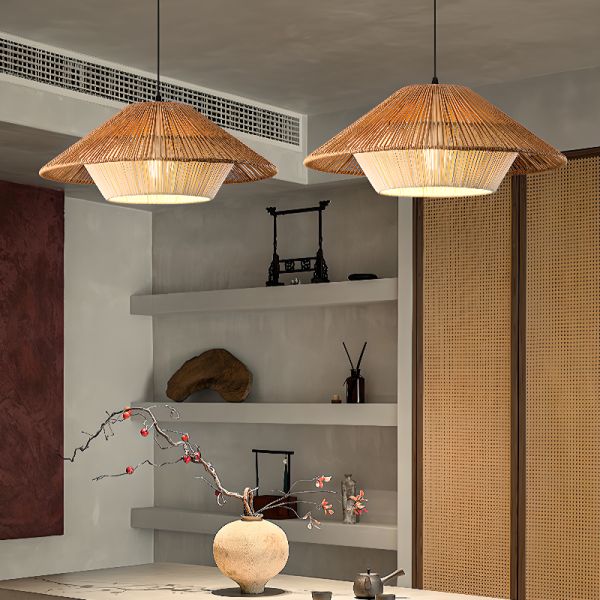 Oriental Cocoa Rope Shade Plug-in Electric Pendant Lighting, 7