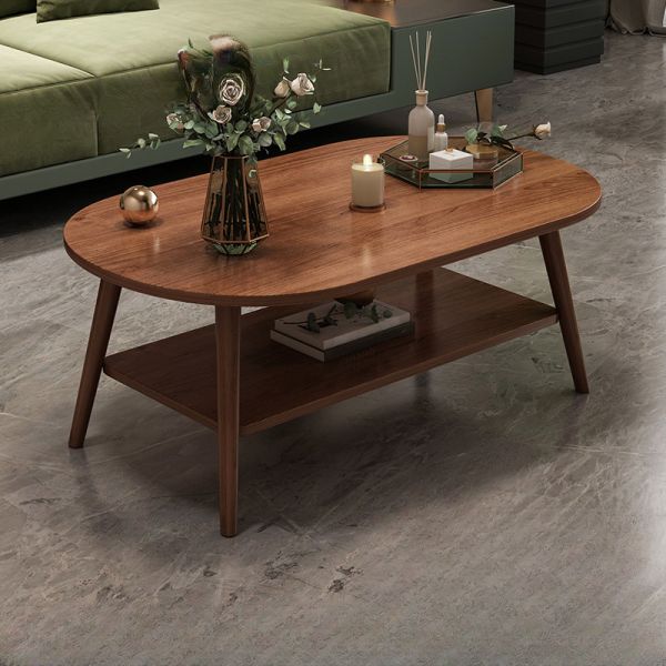 Table basse Art Déco avec bloc en bois manufacturé et espace de stockage en entrepôt pour petits espaces, étagères incluses, noyer, rectangle d'angle courbé, 39"L x 20"L x 17"H