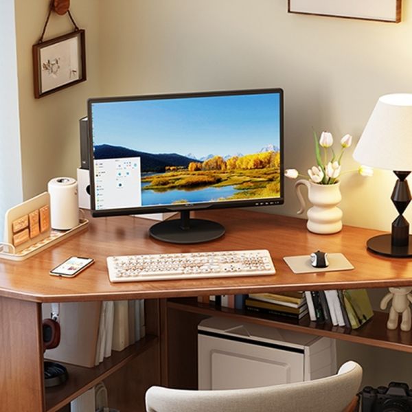 三角コーナー＆L字型デスク、中立な木目調コーナーオフィスデスク