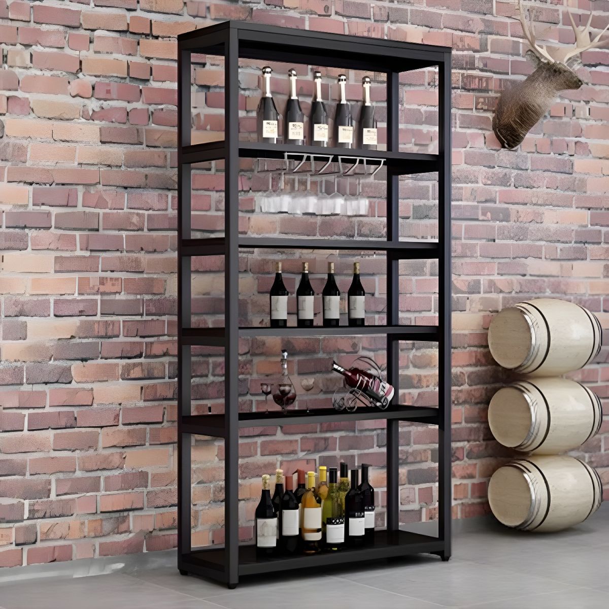 Industrial Style Floor Wooden Wine Rack with Metal Frame and Shelves ...