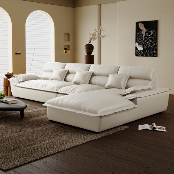 Moderner einfacher Stil weißes L-förmiges Sofa Liege 5 Personen, Weiß, 300cm L x 180cm B x 90cm H, Linksarm-Chaiselongue, Kratzfestes Leder