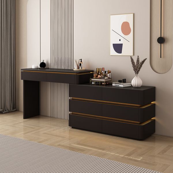 L-Shape Vanity Set with Sliding, 2-in-1, Scalable, and Tabletop Storage,  Black, Makeup Vanity (47") & Dresser (47")