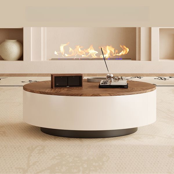 Runder Couchtisch aus rohem Holz mit 2 Schubladen für Wohnzimmer, 80 cm L x 80 cm B x 36 cm H, Beige