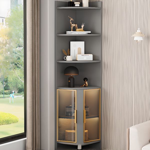 Modische Eck-Mehrzweckschrank mit Schrank, 4 Außengestellen, Glastür, Stangengriff und weißer Oberseite, Weiß-Schwarz, 50 cm L x 50 cm B x 200 cm H