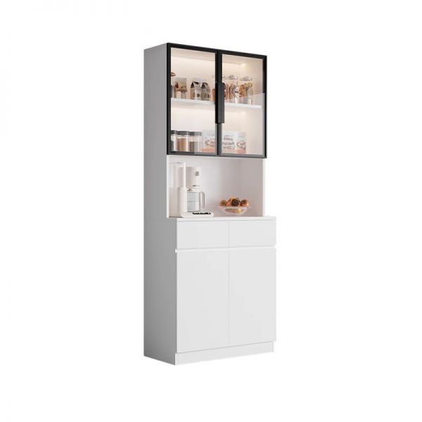 Zeitgenössischer schmaler Küchenschrank mit vier internen Regalen, 2 Schubladen, Glastür und Schrank, Küchenschränke, 79 cm L x 41 cm B x 200 cm H, Warmweiß