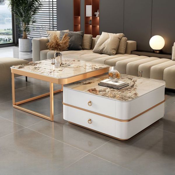 Beiger verschachtelter quadratischer Couchtisch mit Rahmenbasis und 2 Schubladen, Beige, Gold/Weiß