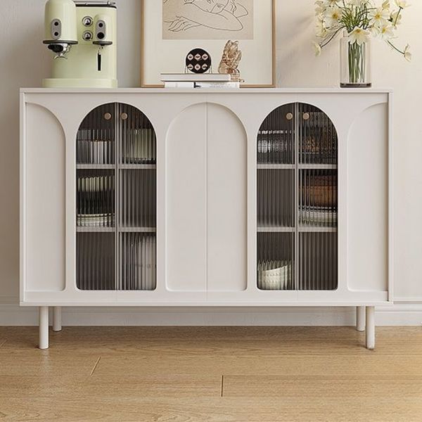 Holzmodischer schmaler Vorratsschrank mit Glastür, verstellbaren Regalen und Schrank, 119 cm L x 30 cm B x 84 cm H, Creme