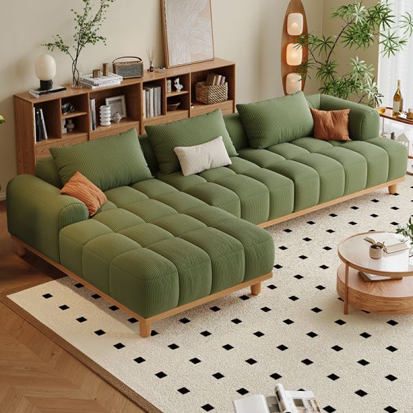 Cord-Sofa-Sessel in Salbei mit Rundarm, linksseitig L-Form für Salon, Grün