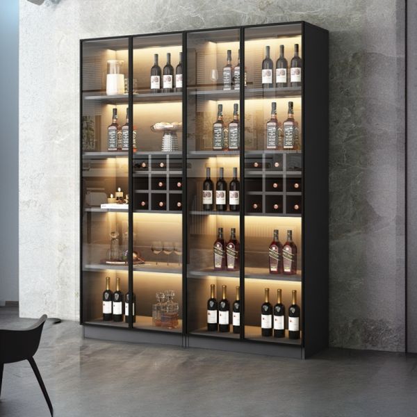 Art Deco Mitternachtsschwarz Holz Weinregal & Weingitter mit Bar-Glashalterregal, beleuchtet, stapelbar, 160cm L x 37cm B x 200cm H