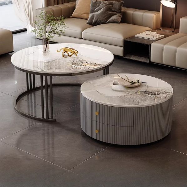 Beiger verschachtelter Couchtisch mit Rahmenbasis, 2 Schubladen und kreisförmiger Platte, Beige, Schwarz/Grau