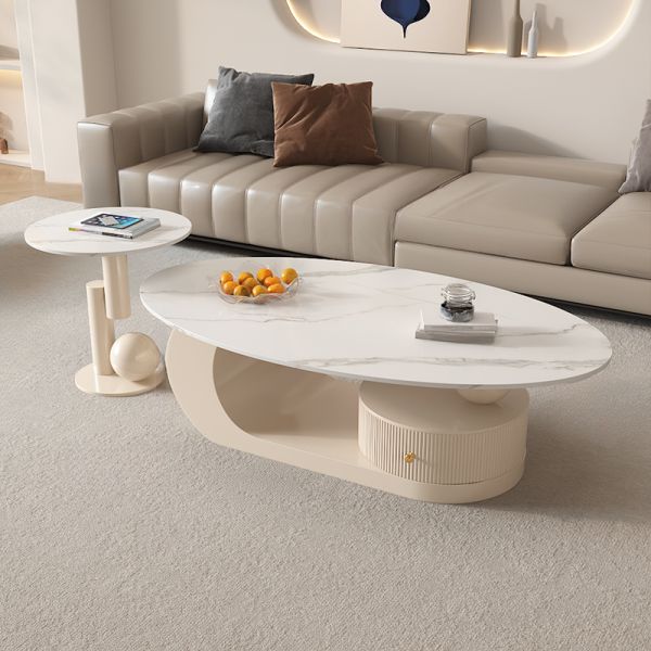 Ovaler doppelter Couchtisch für Wohnzimmer, Hochglanz Weiß, 130 cm L x 71 cm B x 43 cm H + 51 cm L x 51 cm B x 56 cm H