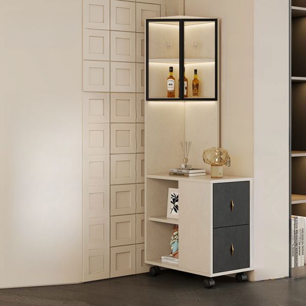 Eck-Mehrzweckschrank aus Holzwerkstoff mit 3 Außenregalen, Schrank, Glastür in Weiß, Soft-Close-Schublade, Warmweiß, 76 cm L x 36 cm B x 180 cm H