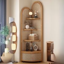 Storage Basket Decorative Cabinet with 4 Exterior Shelves in Natural Finish, Corner Shape, Modish Style, Natural