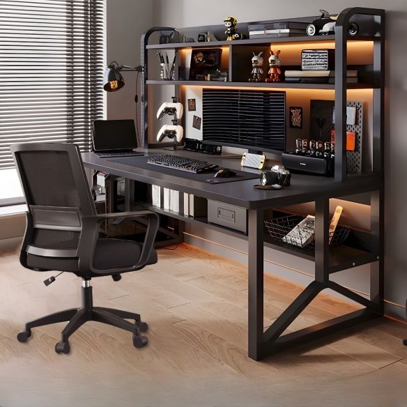 Black Office Desk with Bookshelf