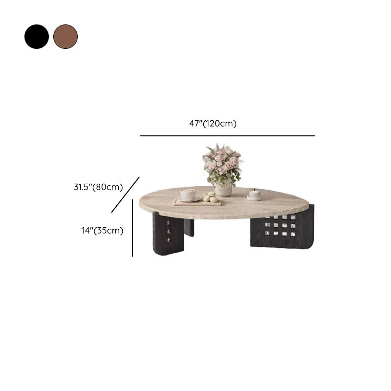 Asymmetrical Travertine Top Coffee Table with Slatted Wood Base Dimensions