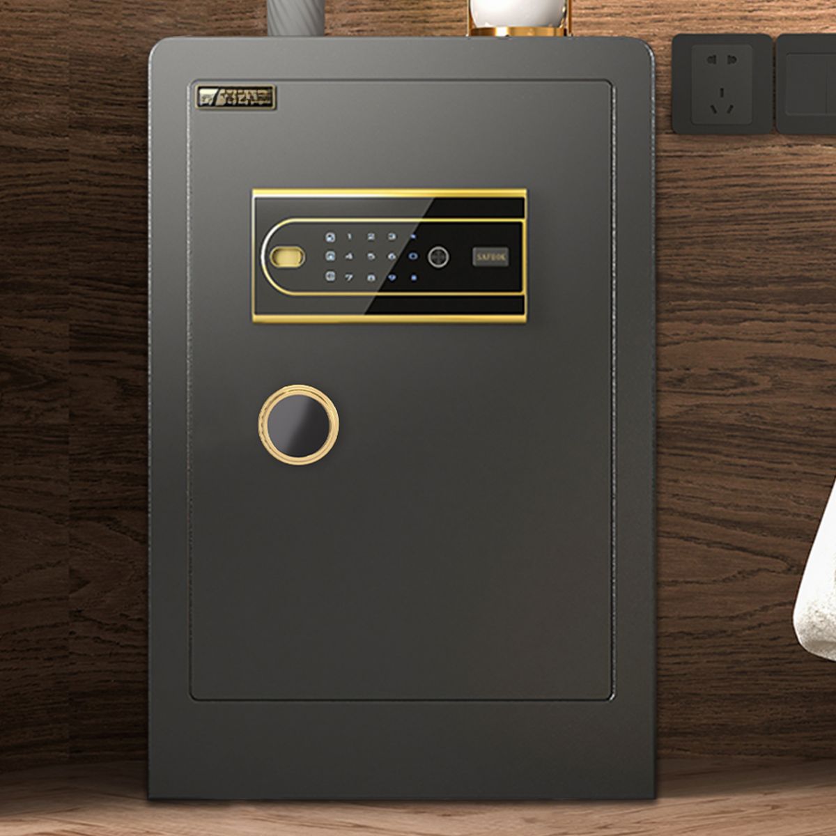 Gold Finish Steel Safe with Interior, Shelves, Pry Resistant Battery ...