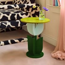 Scandinavian Wood/Glass Top End Table Dia 15.75" Tulip Shape Side Table in Green - 1 Pink/Green Clear