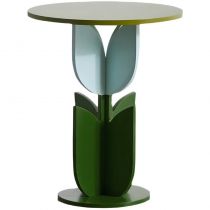 Scandinavian Wood/Glass Top End Table Dia 15.75" Tulip Shape Side Table in Green - 1 Pink/Green Clear